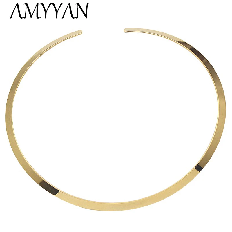 

European Style Gold Color Wire Necklace Stainless Steel Simple Round Circle Torques Statement Choker Fine Jewelry