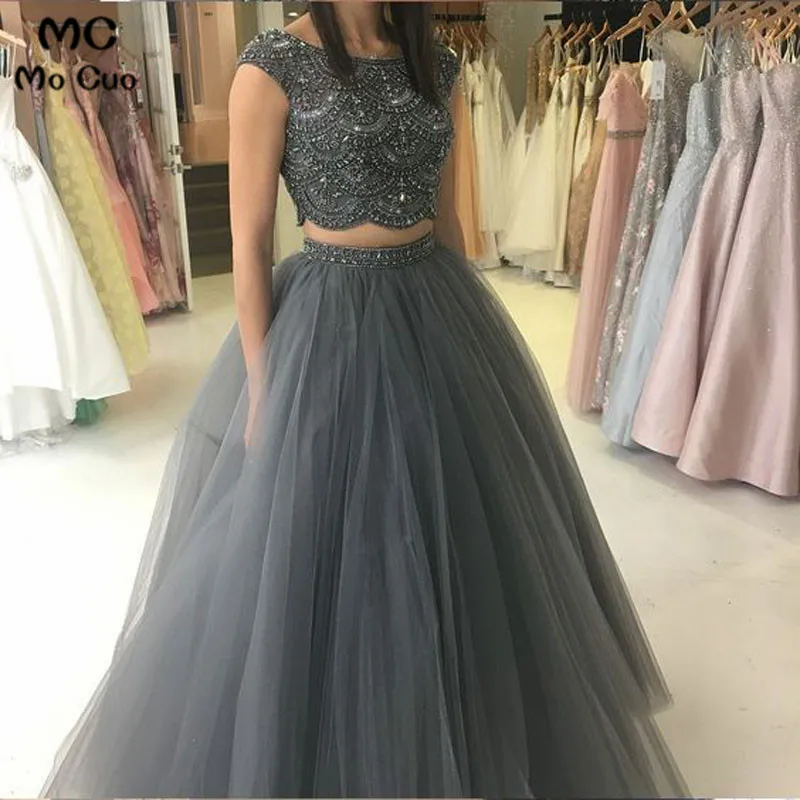 2019 Two Pieces Gown Evening Dresses Long with Crystals Floor Length Tulle Backless Formal Party Dress Custom Made | Свадьбы и