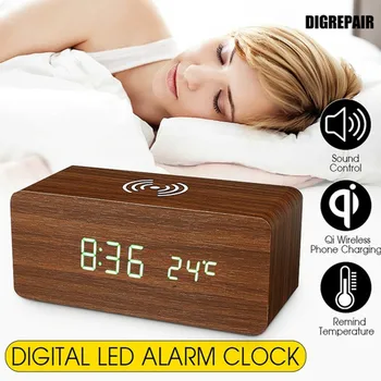 

Qi Wireless Charger Dock Digital LED Alarm Wooden Clock Sound Control Wireless Charging Charger for IPhone Samsung Huawei