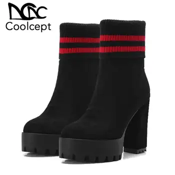 

Coolcept Mid Calf Boots Women Elastic Knitted High Heeled Platform Shoes Women Casual Brand Warm Designer Footwear Size 32-42