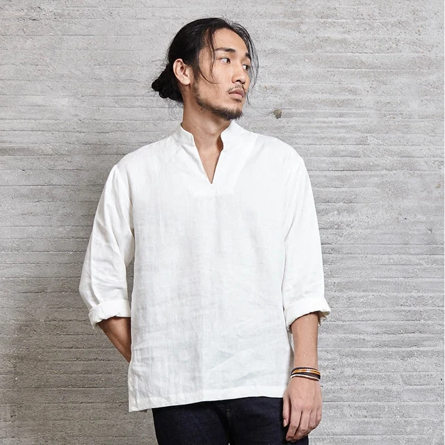 Mens Casual Shirt Basic 100% Linen Chinese Japanese Traditional Style ...