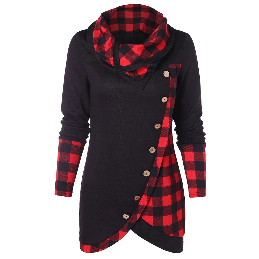

S-2XL NEW Winter Blouse Women Long Sleeve Tartan Tunic Sweatshirt button clothing Plaid Turtleneck female Pullover Tops #10