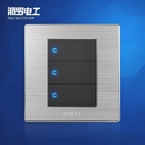 

Free Shipping, POLO Luxury Wall Light Switch Panel, 3 Gang 2 Way, Champagne/Black, Push Button LED Switch, 16A, 110~250V, 220V