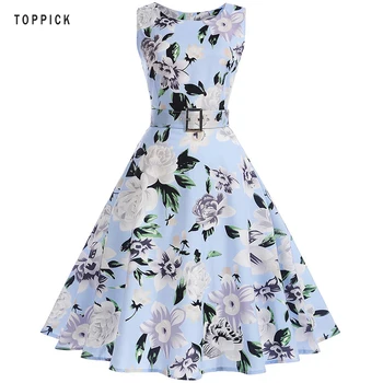 

Summer Floral Print Sleeveless Dresses Elegant Rockabilly Sexy Pin Up Dress With Belt Vestidos Vintage A-Line Party Dresses