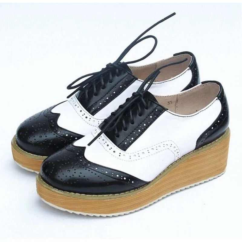2017 new Women Thick Platform Oxfords Brogue Flats Shoes All Genuine Leather Lace Up Luxury