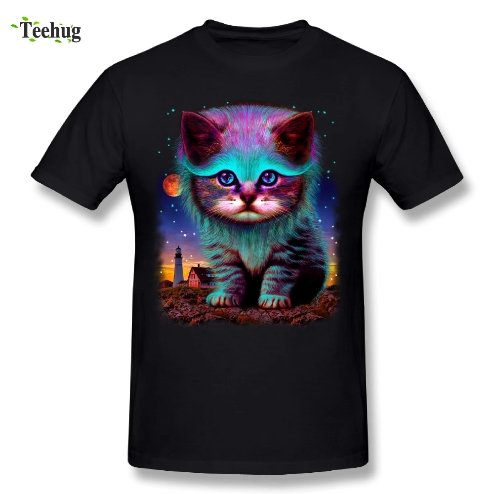 Colorful Cat T shirt Men Pure Cotton Round Collar Stylish Top Teestshirt mentee teecat t