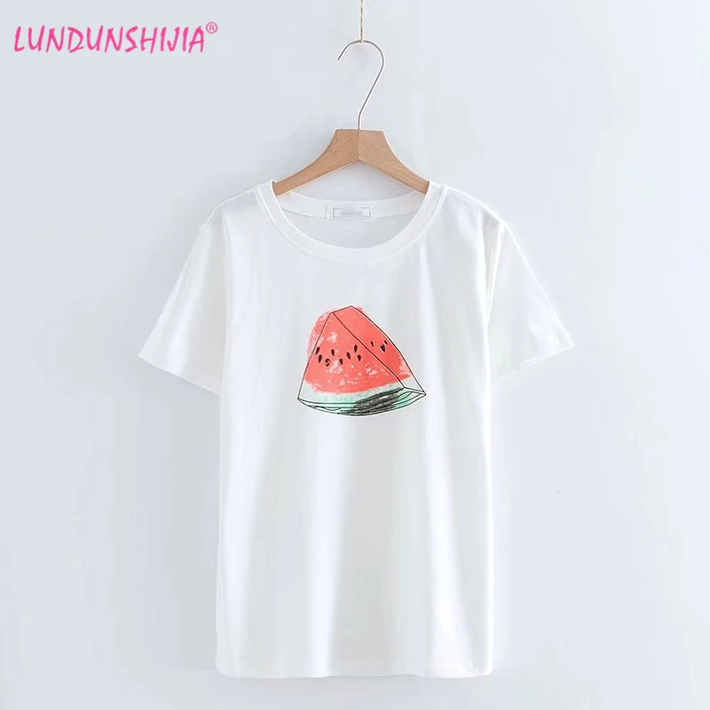

LUNDUNSHIJIA High Quality Watermelon Printed T-shirts For Women Cotton Basic T-shirts Casual Tops Short Sleeve Female T-shirt