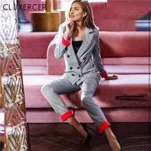Корейский стиль, повседневный клетчатый женский брючный костюм с зубчатым воротником, пиджак и брюки-карандаш, элегантный серый женский костюм