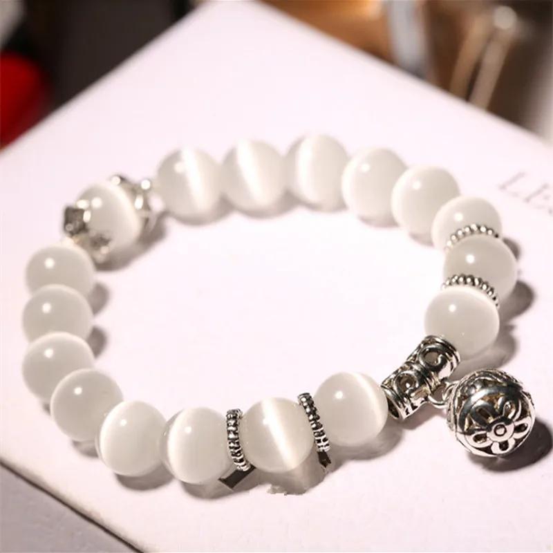 Горячая белый кошачий глаз браслет с подвеской талисманы Strand браслет для женщин модные каменные браслеты