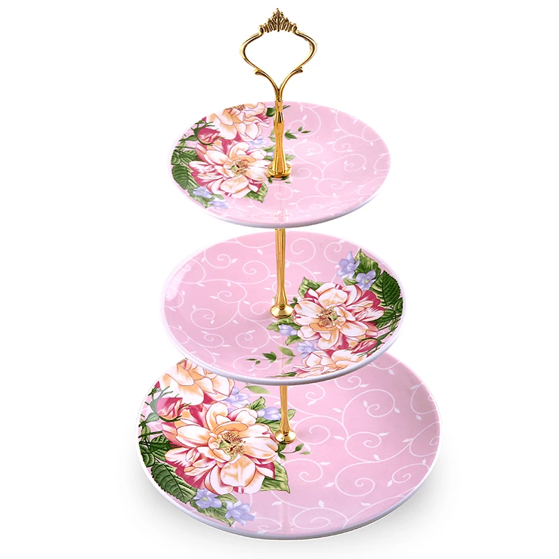  Ceramic Cake Plate Sets 3 Layer Pastry Snack Tray Kitchen Accessories Fruit Tray Handling Gold line - 32835408060