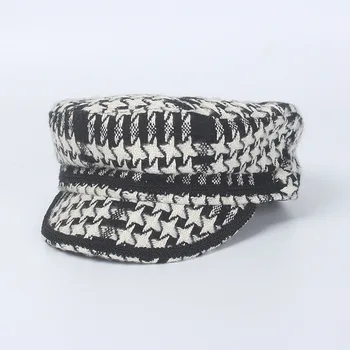 

Flat Top Black Braid Army Cap White And Black Tweed Military Hat Winter Hat For Women Ladies Headwear Head Covering Newsboy Cap