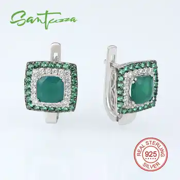 SANTUZZA Silver Jewelry Sets for Women Natural Green Stones White CZ Ring Earrings Pendant Set 925 Sterling Silver Jewelry