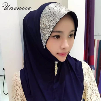 

Muslim Women's Hijab Sequins Scarf Bandanas Caps Slip On Hooded Instant Wraps Shawl Headscarf Abaya Brim Headgear Arab Islamic