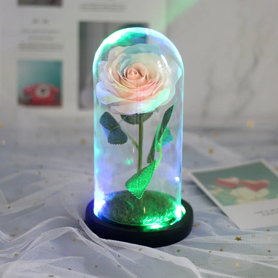 

Beautiful and Beast Red Rose with LED Color Flash Glass Dome on Wooden Pedestal Christmas Wedding Party Valentines Gift