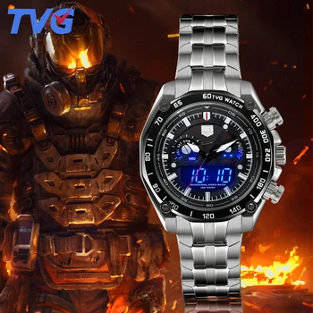 

3168 TVG Watches Men LED display Clock Stainless Steel Band Sport waterproof Watch Relogio Masculino Quartz Wristwatches
