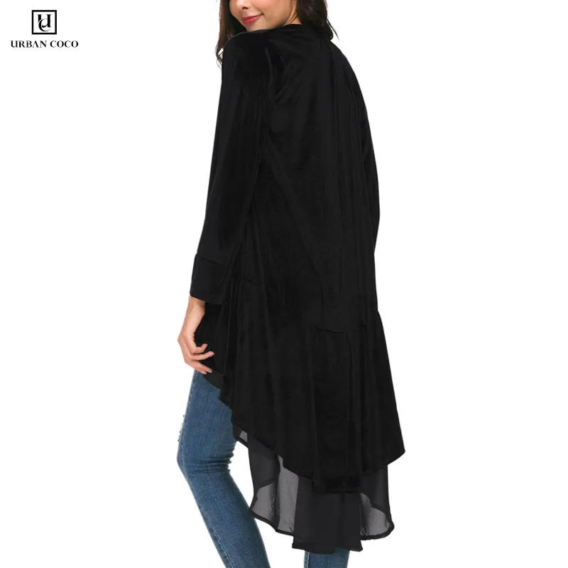 Urban CoCo Женский бархатный Кардиган с длинным рукавом, пальто с асимметричным шифоновым подолом, Однотонный свитер, женский кардиган, пальто