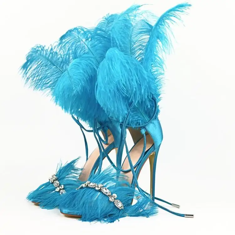 

High Thin Heel Women Shoes Feather Decor Women Shoe Chic Runway Star Colorful Women Sandals Glitter Crystal Sandalias Mujer 2019