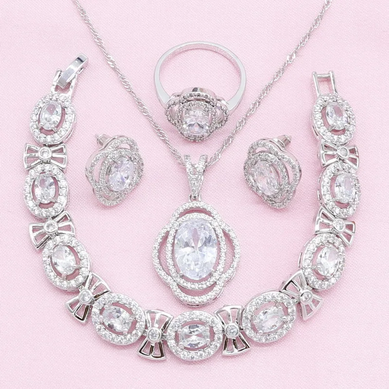 Silver Color Jewelry Sets with Bracelet For Women White AAA Zirconia Stud Earring Pendant Necklace Ring Birthday Wedding Gift | Украшения и