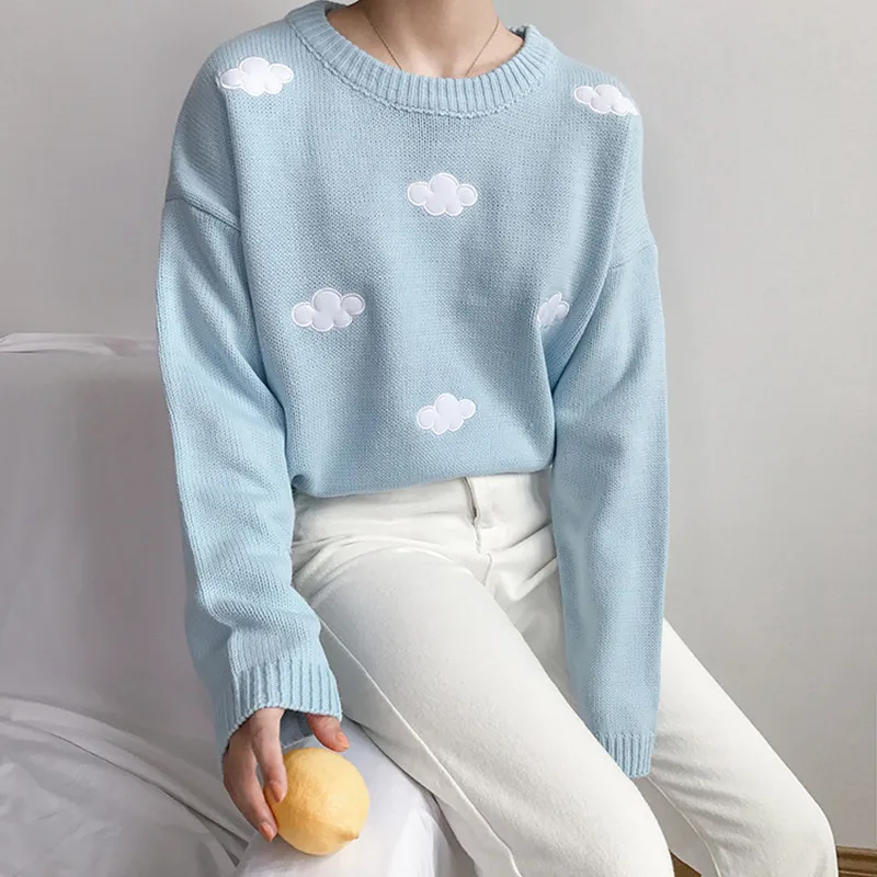 

3 colors 2018 preppy style loose o neck cartoon coudy knitted sweaters womens sweaters and pullovers (F201)