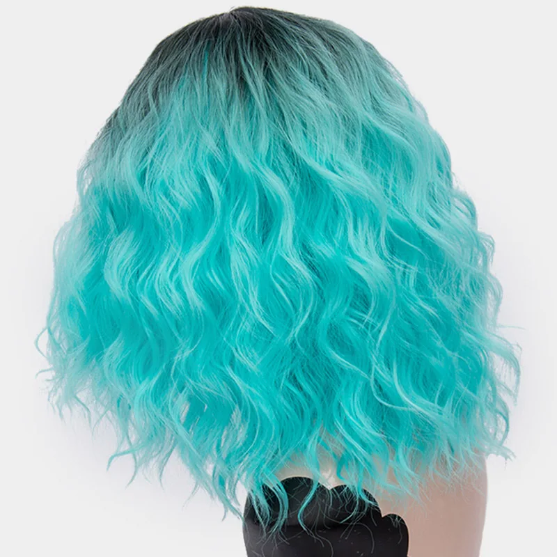 MSI Wigs 22 цвета розовый вьющиеся светлые короткие парики для женщин натуральный Оранжевый Ombre синтетический парик с темными корнями зеленый фиолетовый волос - Цвет: light blue