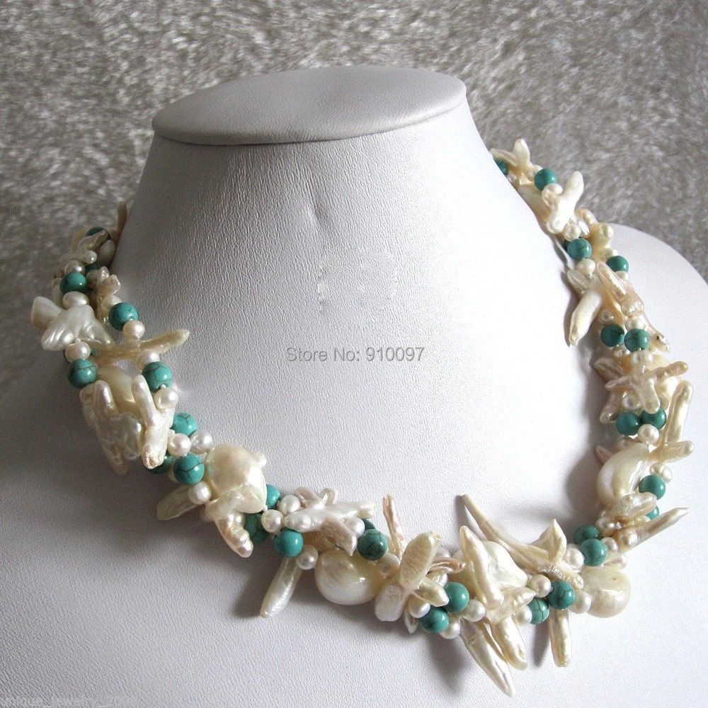 

LHX54013>>>>>>18" 4-12mm White 3Row Green Stone Freshwater Pearl Necklace