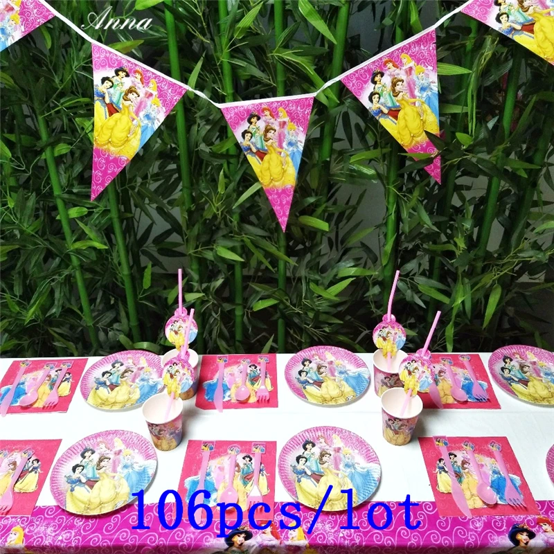 

Disney Six Princess Theme Design 106Pcs/Lot Pink Disposable Tableware Snow White Theme Girls Birthday Party Decoration Supply