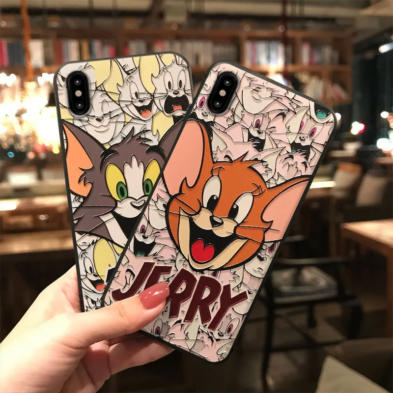 

JAMULA Tom Jerry Phone Case for iPhone 7 8 Plus 6S Plus Minnie Mickey Scrub embossed Cover for iPhone XS XR XS MAX Soft Coque