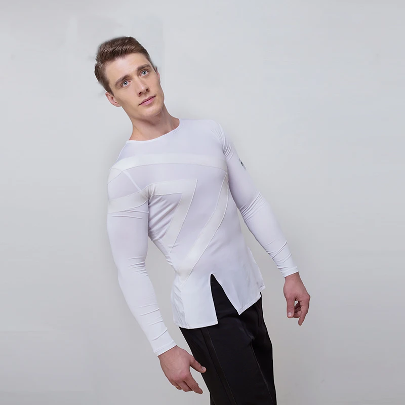 

New High Quality White Men Men Latin Dance Tops Sale Cha Cha Rumba Long Sleeves Spandex Practice Shirt Stage Dancing Wear