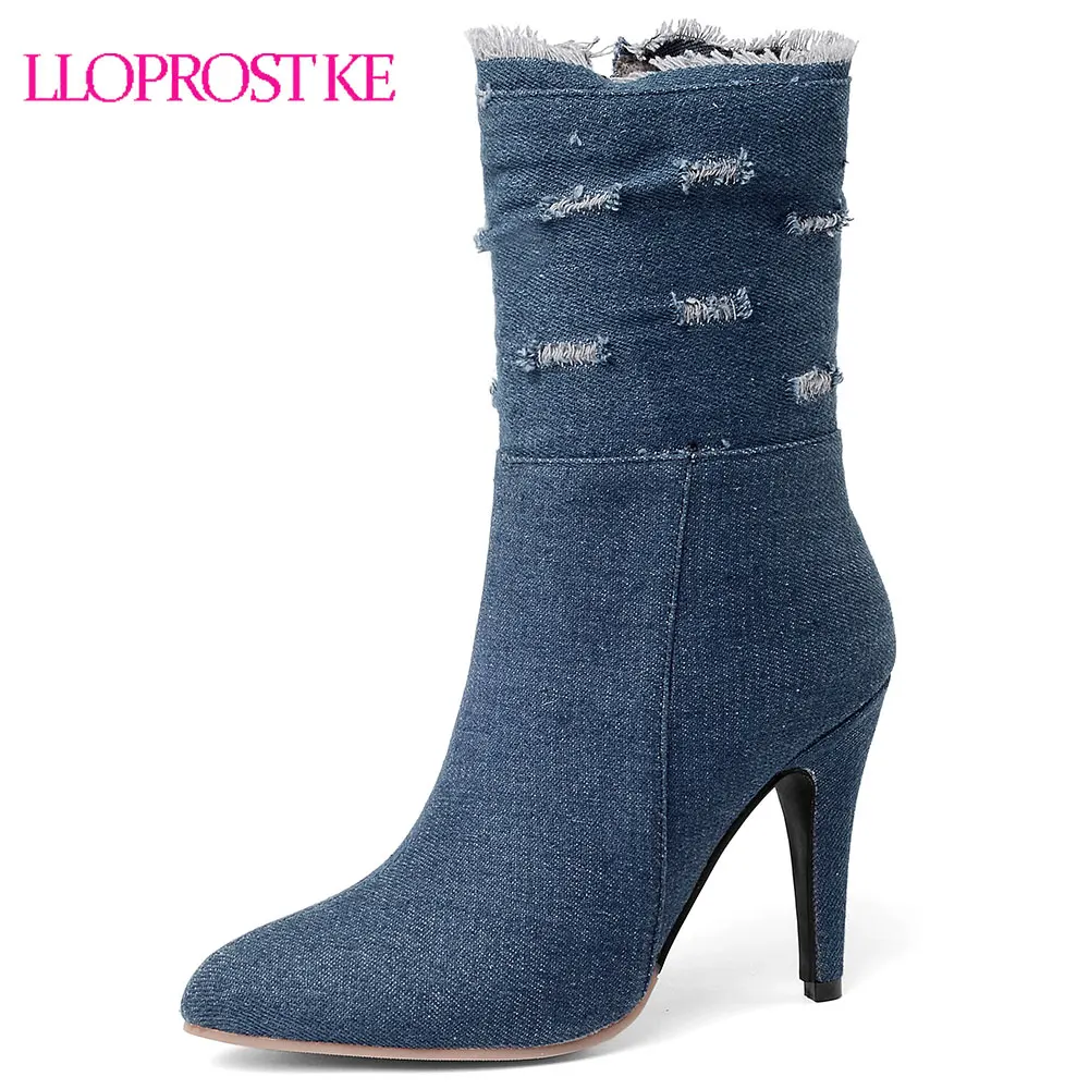 Lloprost Ke Women Denim Mid-calf Boots Sexy Thin Heel Jean Boots ...