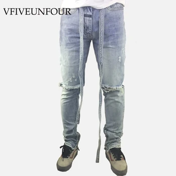 

VFIVEUNFOUR 2019 new Vintage fashion jogger denim Drawstring skinny destroyed ripped distressed hip hop blue Slim Jeans