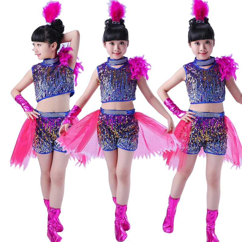 Girls Sequined Modern Jazz Hip Hop Dancewear Outfits Kid's Ballroom
