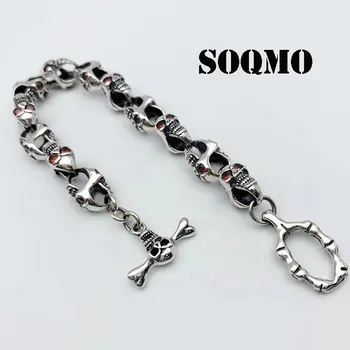 

SOQMO Punk Skull Charm Bracelet 100% Real 925 Sterling Silver Jewelry Men Women Inlaid natural stone Chain Bracelet Bangle 2018