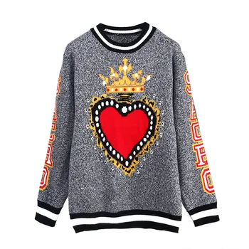 

Runway Designer Gray Heart Crown Print Women Sweater Pullovers Harajuku Street 2019 Winter Christmas Sweater Jumper Clothing