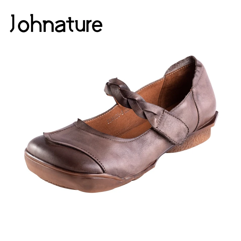 

Johnature 2019 New Spring/Summer Genuine Leather Loafers Casual Round Toe Retro Hook & Loop Sewing Platform Women Shoes