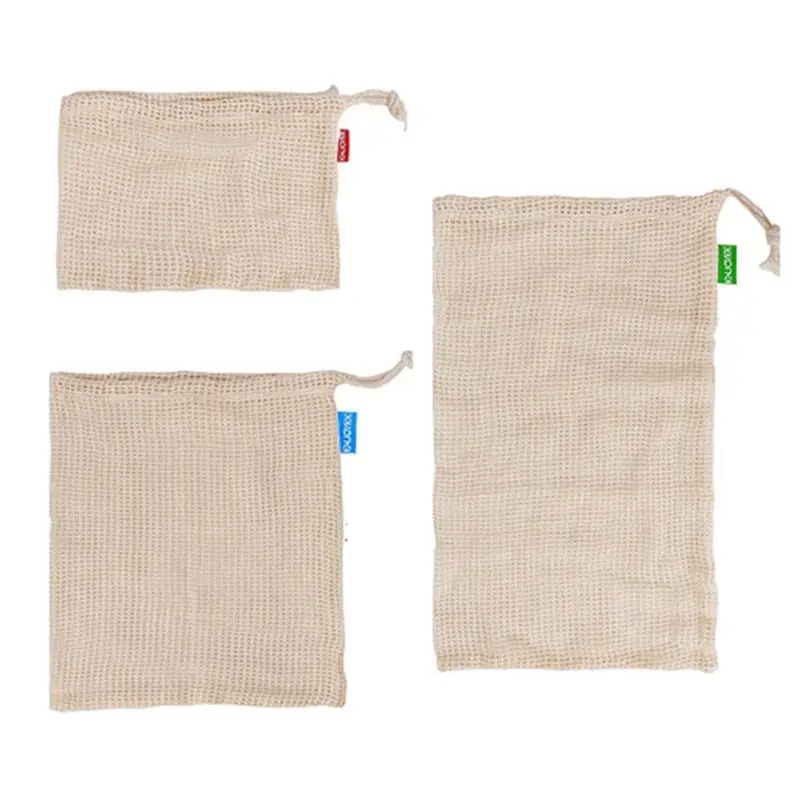 Reusable Cotton Mesh Drawstring Washable Fruit Vegetable Bags