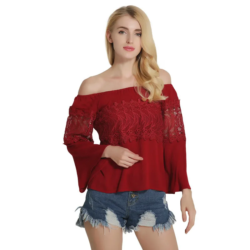 

Hoffen spring summer womens sexy lace blouse slash neck off shoulder flare sleeve chiffon blouses shirt tops solid blusas mujer