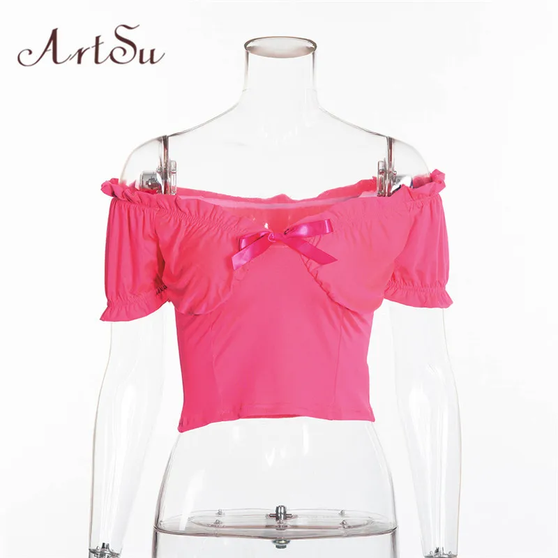 

ArtSu Lovely Puff Sleeve Crop Top T Shirt Women Neon Yellow Pink Pleated Cute Tops Ladies Off Shoulder T-shirts Summer ASTS60043