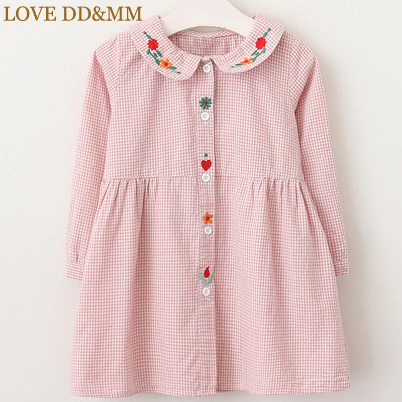 

LOVE DD&MM Girls Dresses 2019 New Children's Clothing Lattice Long Sleeve Doll Collar Embroidered Front Casual Dress