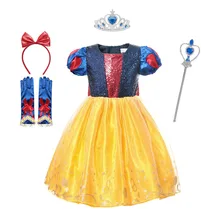 MUABABY платье Белоснежки для девочек; одежда с рукавами-фонариками; с блестками; с открытой спиной; с бантом; костюм принцессы на Хэллоуин; детское праздничное платье для костюмированной вечеринки