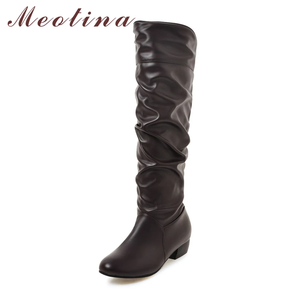 

Meotina Women Long Boots Low Heels Winter Shoes Pleated 2018 Fashion Knee High Boots Black Lady Shoes Autumn Plus Size 34-46 45
