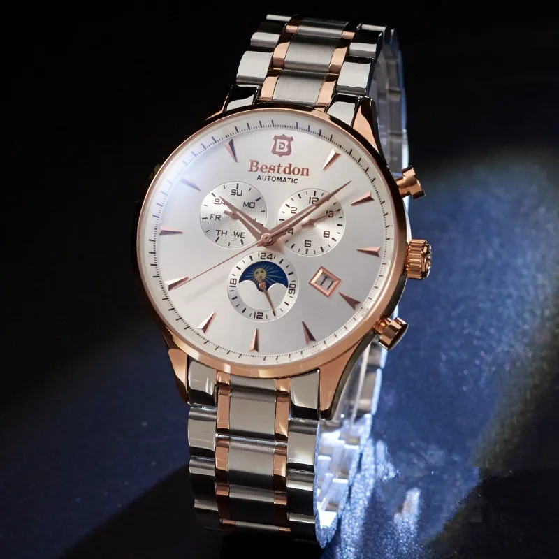 2017 Men Watches Luxury Brand Bestdon Business Mechanical Watch Gold Clock Mens calendar Automatic Wristwatch With Moon Phase