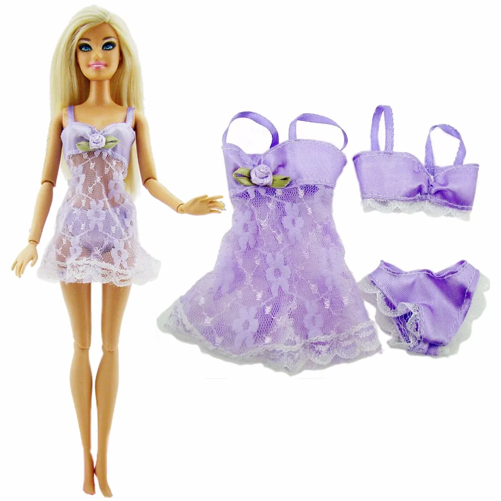 1 комплект, сексуальная пижама, цветная, 3 в 1, одежда, нижнее белье, бюстгальтер, платье, кружево, домашняя одежда, аксессуары, Одежда для куклы Барби