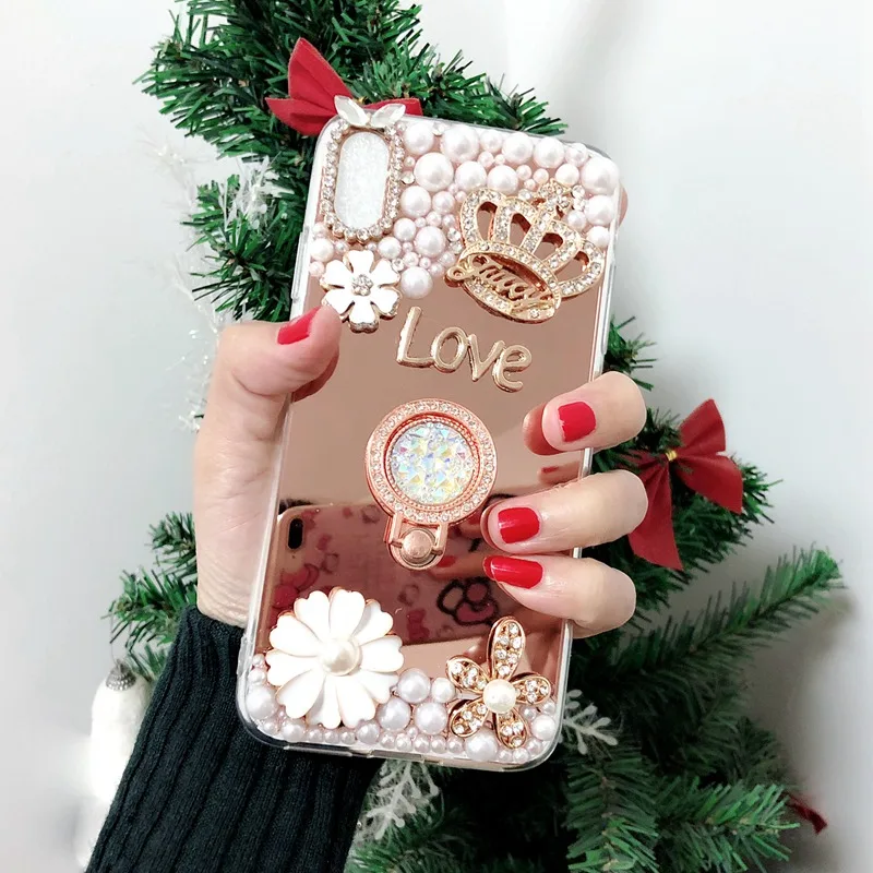 Роскошный зеркальный чехол для iPhone X XR XS Max 7 8 6 6S Plus 7Plus 8Plus с жемчужной короной и