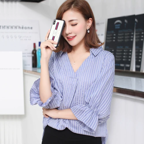 Корейский повседневное плюс размеры Camisas V образным вырезом Полосатый Краткое Женские Блузки Элегантные Мода шифон свободные Flarre рукавом