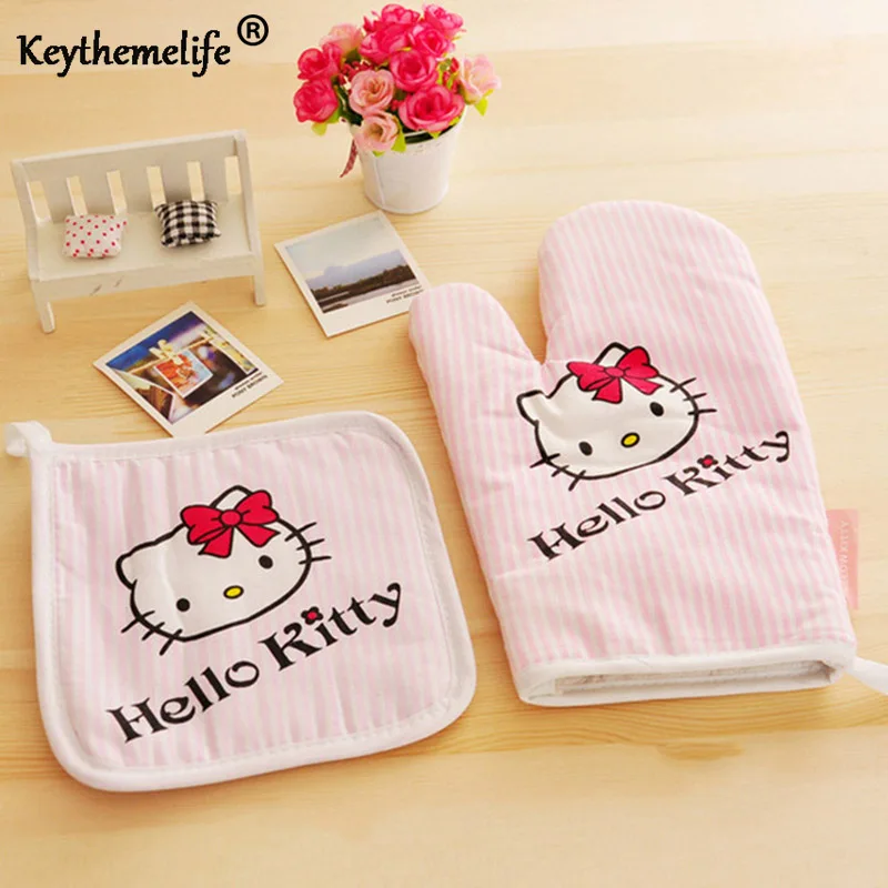 

Hello kitty Microwave oven Gloves + Insulation Pads Cotton material Kitchen Cooking tools Thicken Non-slip Sweet heart Gift EA
