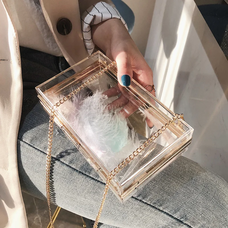 

Brand Luxury Transparent Box Bag Feather Women Evening Bags Acrylic Clutch Ladies Handbags Chains Messenger Bags Shoulder Bag