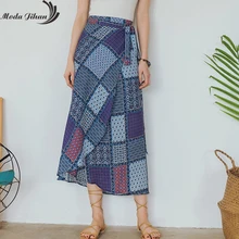 Moda jihan/летние женские юбки, Геометрические Этнические шифоновые Асимметричные женские юбки в стиле бохо с черным бантом, с высоким разрезом, на шнуровке