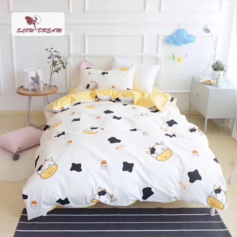 SlowDream Cute Black Cow Children Cartoon Bedding Set Kids Embroidery Duvet Cover Set 100% Cotton Bed Set With Flat sheet 3pcs