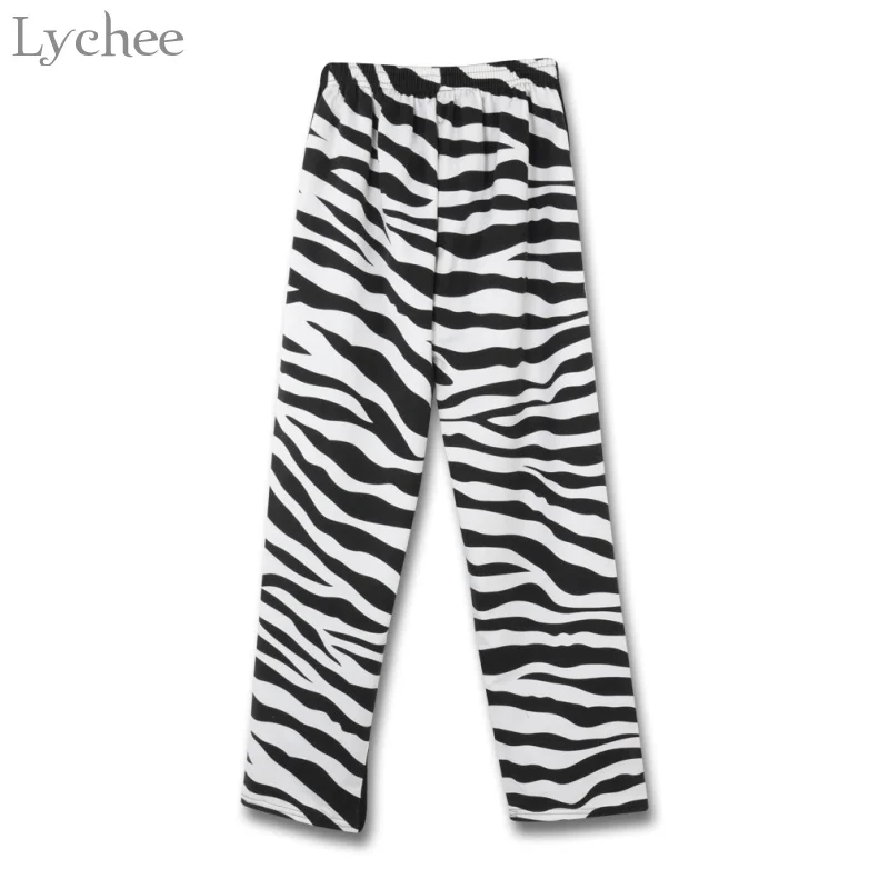 

Lychee Spring Autumn Women Pants Zebra Patchwork Casual Loose Elastic Waist Flat Straight Full Length Pants