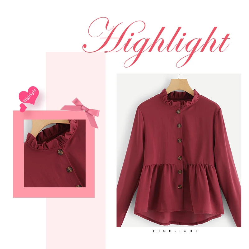  Dotfashion Burgundy Solid Frill Button Through Blouse Women 2019 Autumn Casual Ladies Top Stand Col